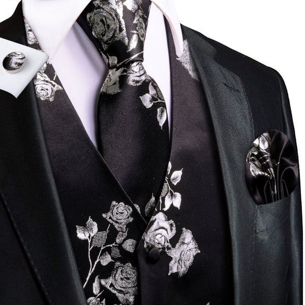 Black White Rose Floral Jacquard Silk Men's Vest Hanky Cufflinks Tie Set