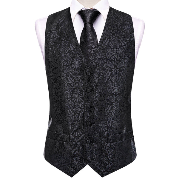 Coal Black Jacquard Floral Silk Vest Necktie Set