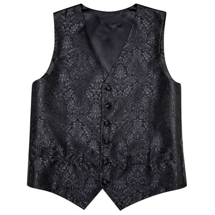 Coal Black Jacquard Floral Silk Vest Necktie