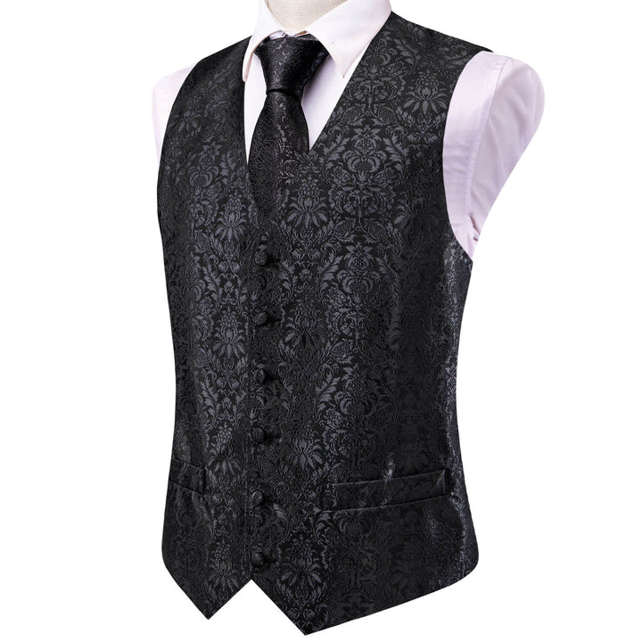 Coal Black Jacquard Floral Silk Vest Necktie Set
