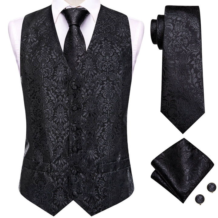 Coal Black Jacquard Floral Silk Vest Necktie