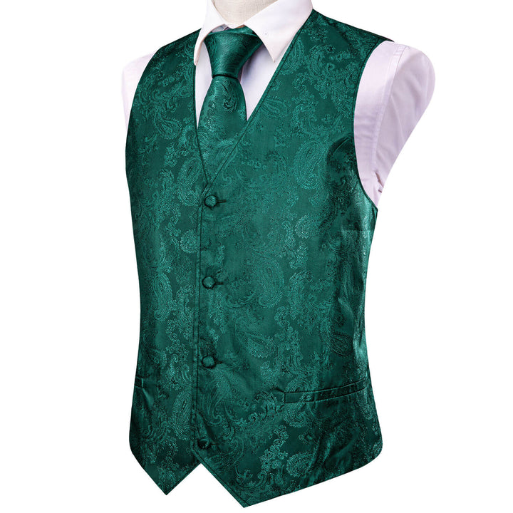 Dark Cyan Jacquard Paisley Silk Vest Tie Set