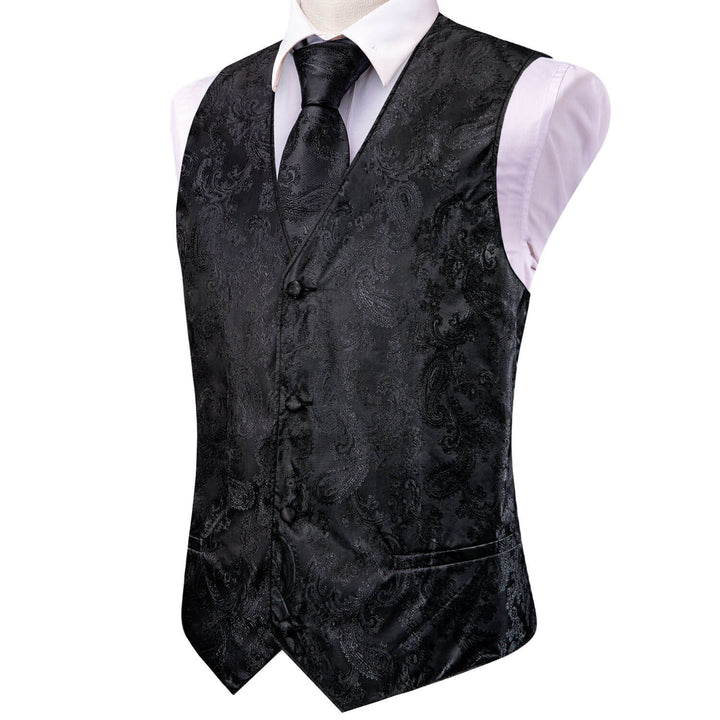 Crow Black Jacquard Paisley Silk Vest Tie Set