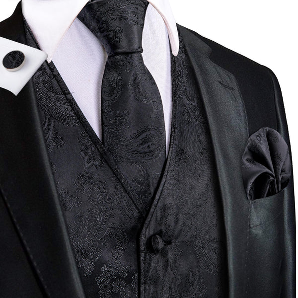 Crow Black Jacquard Paisley Silk Vest Tie