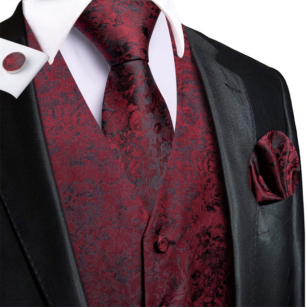 Ties2you Burgundy Floral Pattern V-Neck Silk Vest Necktie Set