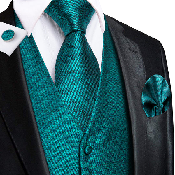 Ties2you Teal Blue Solid Pattern V-Neck Silk Vest Necktie Set