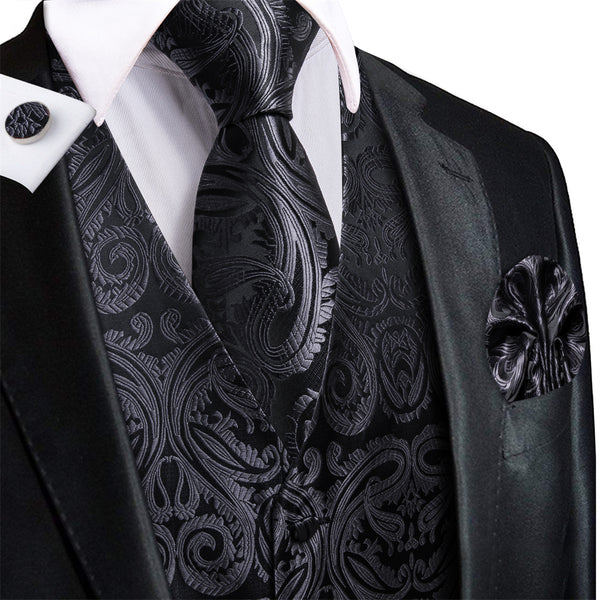 Ties2you Black Paisley Pattern V-Neck Silk Vest Necktie Set