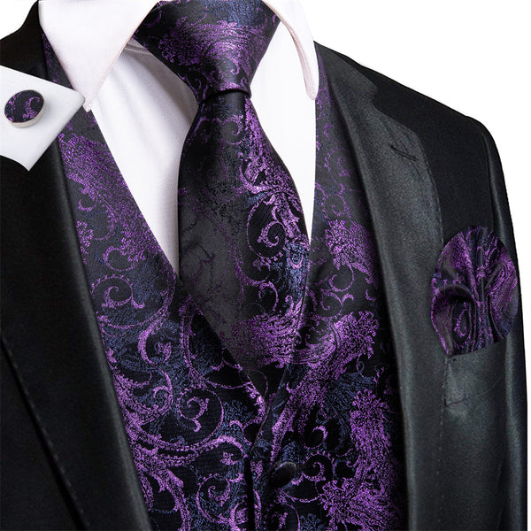 Ties2you Black Purple Floral Pattern V-Neck Silk Vest Necktie Set