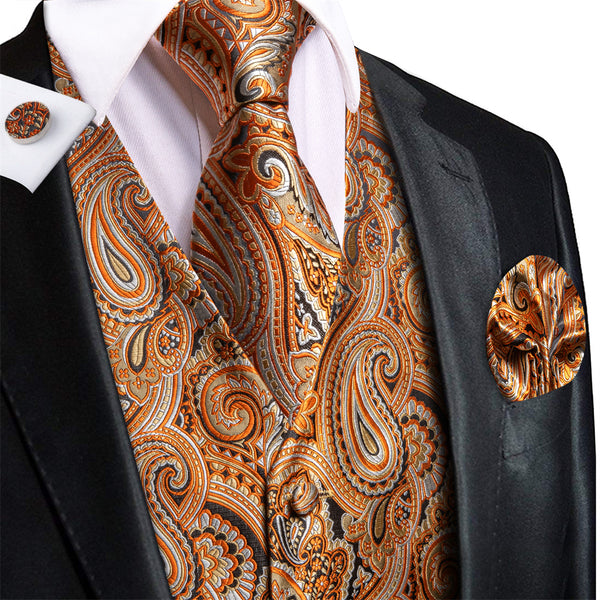 Ties2you Orange Paisley Pattern V-Neck Silk Vest Necktie Set