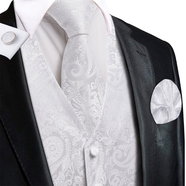 Ties2you White Paisley Pattern V-Neck Silk Mens Vest Necktie Set