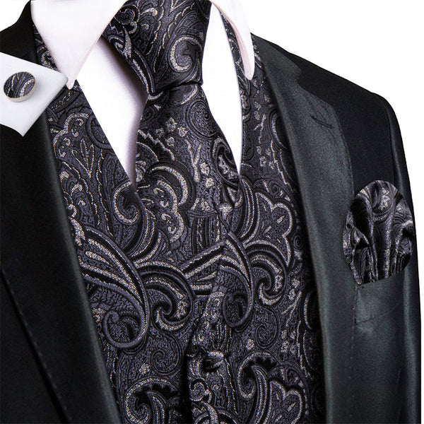 Ties2you Black Floral Pattern V-Neck Silk Vest Necktie Set