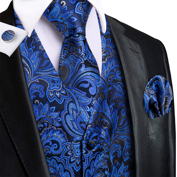 Ties2you Navy Blue Paisley Pattern V-Neck Silk Mens Vest Necktie Set