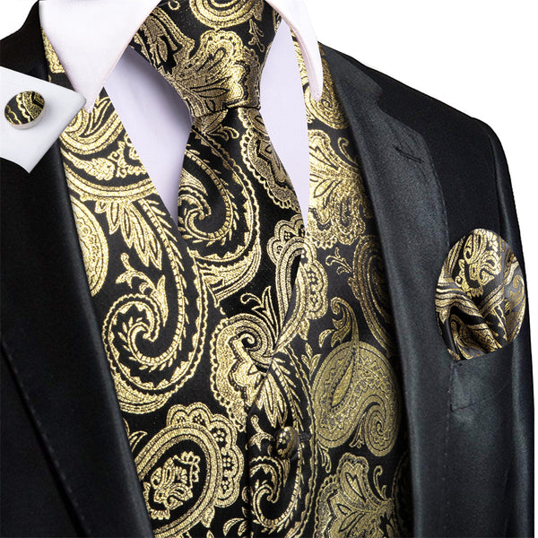 Ties2you Black Golden Paisley V-Neck Silk Mens Vest Necktie Set