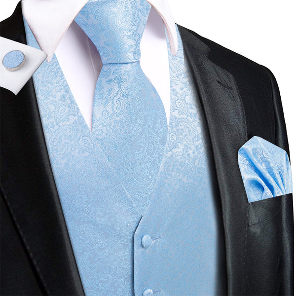 Ties2you Light Blue Paisley V-Neck Silk Mens Vest Necktie Set