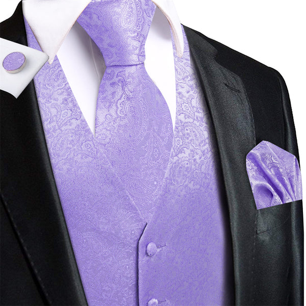 Ties2you Light Purple Paisley V-Neck Silk Mens Vest Necktie Set
