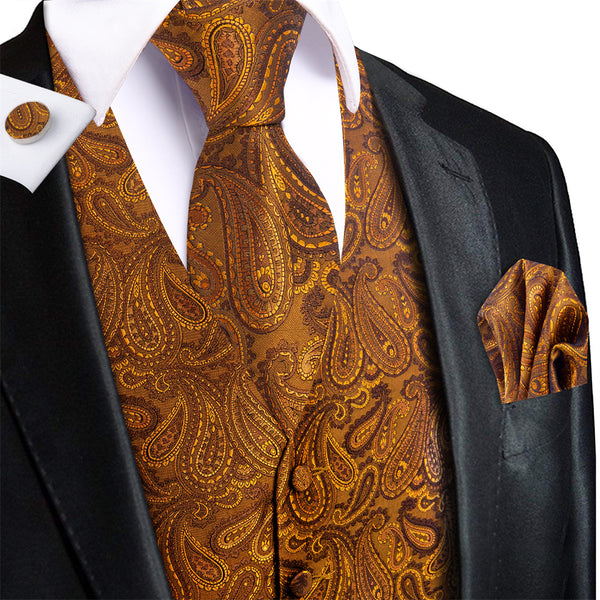 Ties2you Brown Paisley V-Neck Silk Mens Vest Necktie Set