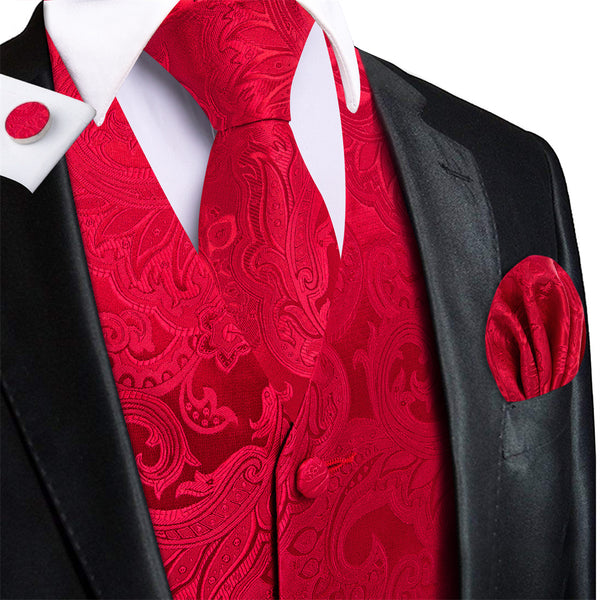 Ties2you Red Paisley V-Neck Silk Mens Vest Necktie Set