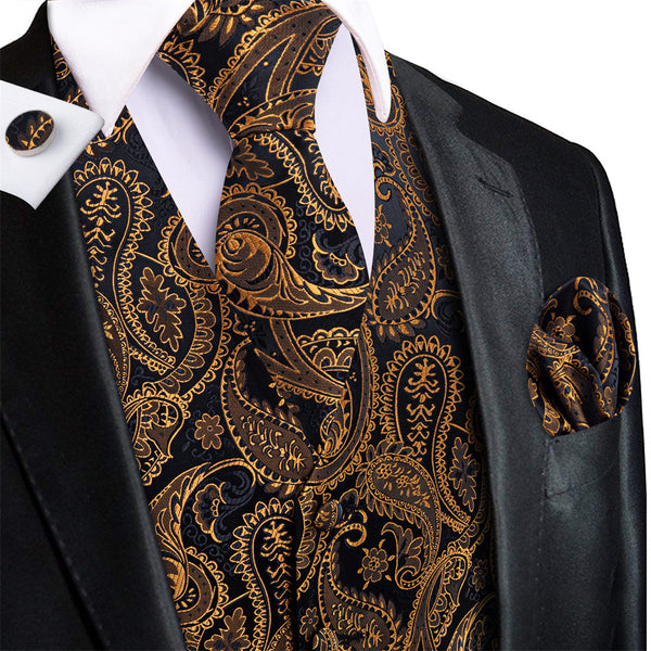 Ties2you Black Gold V-Neck Silk Mens Vest Necktie Set