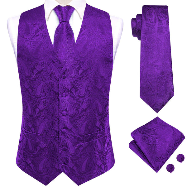 Ties2you Purple Paisley Pattern V-Neck Silk Vest Necktie Set