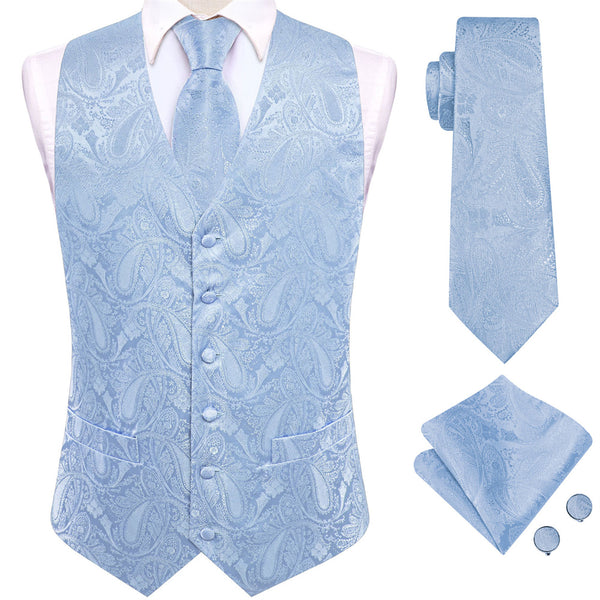 Ties2you Light Blue Paisley Pattern V-Neck Silk Vest Necktie Set
