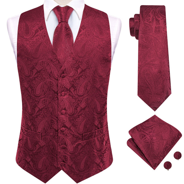 Ties2you Burgundy Paisley Pattern V-Neck Silk Vest Necktie Set