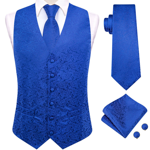 Ties2you Royal Blue Paisley Pattern V-Neck Silk Vest Necktie Set
