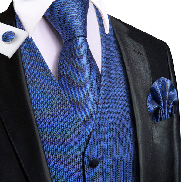 Ties2you Blue Solid Pattern V-Neck Silk Vest Necktie Set