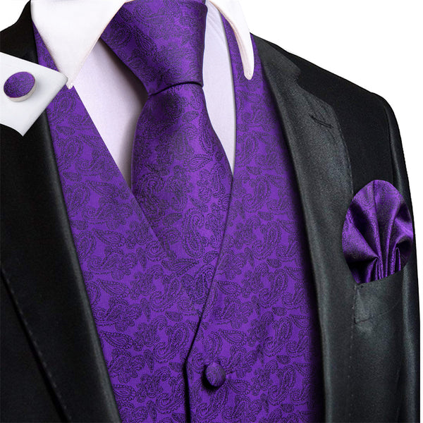 Ties2you Purple Paisley Pattern V-Neck Silk Vest Necktie Set
