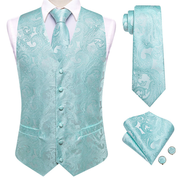Ties2you Light Blue Paisley Pattern V-Neck Silk Vest Necktie Set