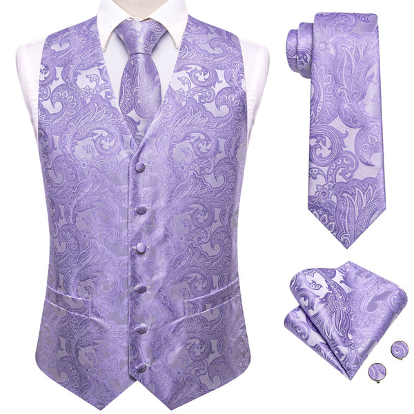 Ties2you Light Purple Paisley Pattern V-Neck Silk Vest Necktie Set