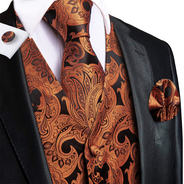 Ties2you Black Gold Paisley Pattern V-Neck Silk Vest Necktie Set