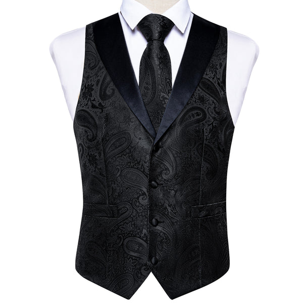 Ties2you Black Paisley Jacquard Waistcoat Shawl Collar Vest Tie Hanky Cufflinks Set
