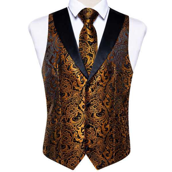 Ties2you Gold Floral Jacquard Waistcoat Shawl Collar Vest Tie Hanky Cufflinks Set for Wedding
