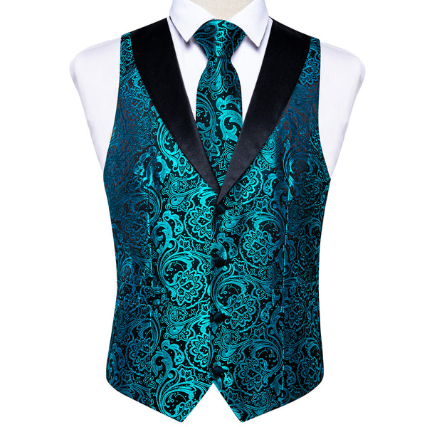 Ties2you Teal Suit Vest Floral Shawl Collar Dress Casual Waistcoat Tie Pocket Square Cufflinks Set