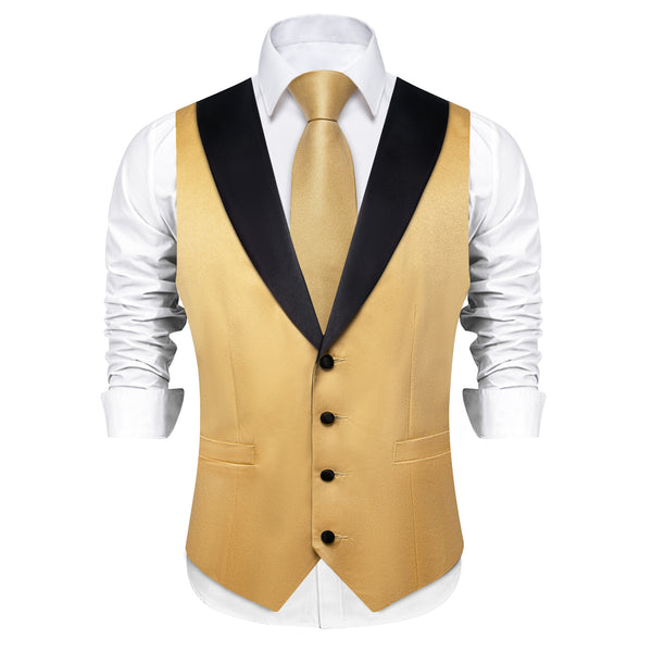 Ties2you Gold Solid Vest for Men Shawl Collar Wedding Waistcoat Tie Hanky Cufflinks Set