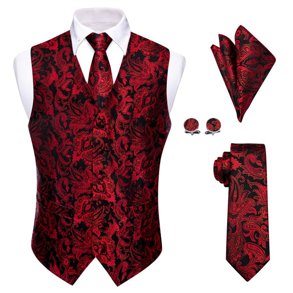 Ties2you V-Neck Waistcoat Red Jacquard Paisley Men's Vest Necktie Set