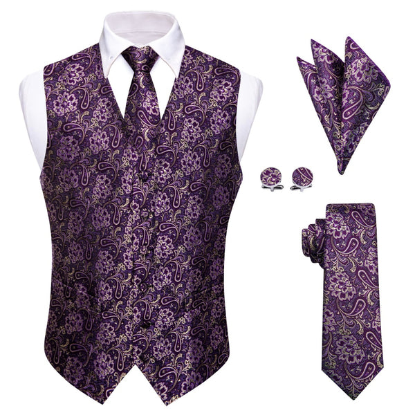 Ties2you V-Neck Waistcoat Purple Beige Paisley Men's Vest Necktie Set