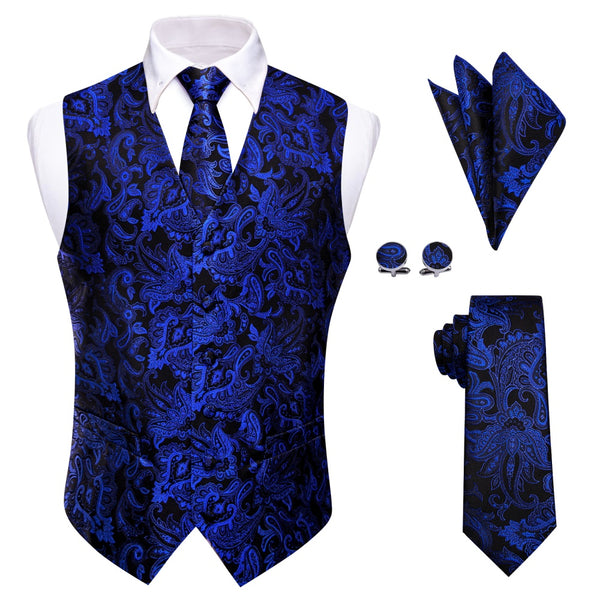 Ties2you Deep Blue V-Neck Waistcoat Black Paisley Men Vest Necktie Set