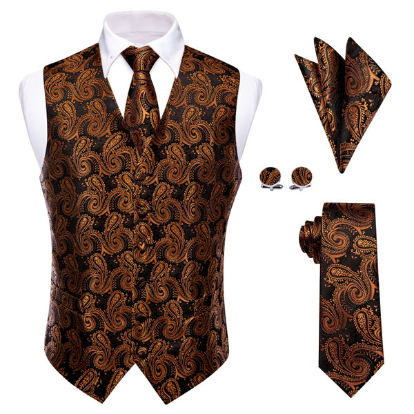 Ties2you Paisley Vest Rust Orange Jacquard Black V-Neck Vest Tie Set