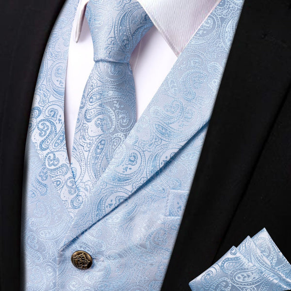 Ties2you Light Blue V-Neck Waistcoat Men Silk Paisley Vest Necktie Set
