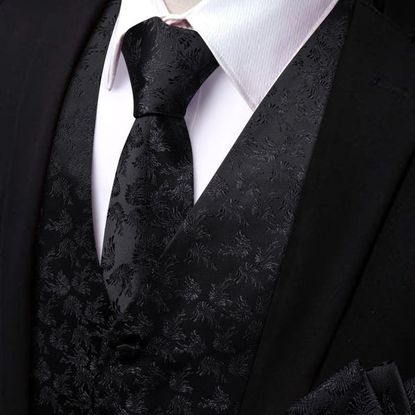 Ties2you Black Floral Silk Men's Notched Lapel Vest Necktie Hanky Cufflinks Set