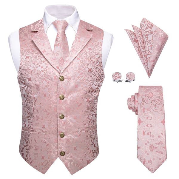 Ties2you Baby Pink Paisley Silk Notched Lapel Waistcoat Necktie Set for Men