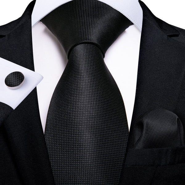 Mens Classic Black Solid Color Business Tie Set