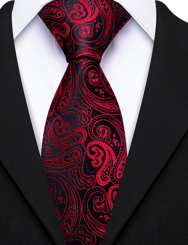 Black Red Paisley Tie Pocket Square Cufflinks Set