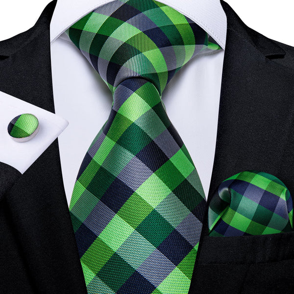 Green Blue Plaid Silk Mens Fashion Ties Set for Wedding,Business or Party.