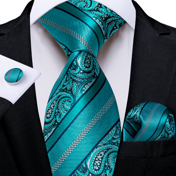 Cyan Paisley Silk Men's Tie Pocket Square Cufflinks Set