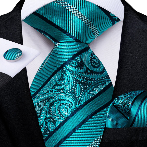  Blue Tie Teal Striped Paisley Men's Silk Easy-pull Tie