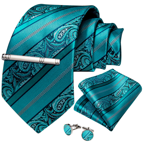 Teal Black Paisley Silk Men's Necktie Pocket Square Cufflinks Set with Clip