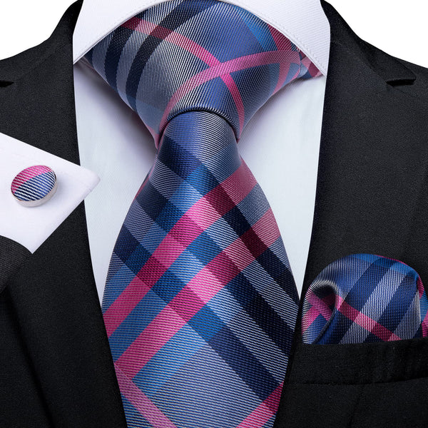 Blue red irregular striped mens fashion business silk ties pocket square cufflinks set