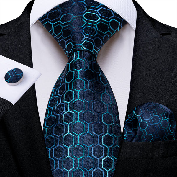 Dark Blue Geometric Silk Men's Tie Pocket Square Cufflinks Set